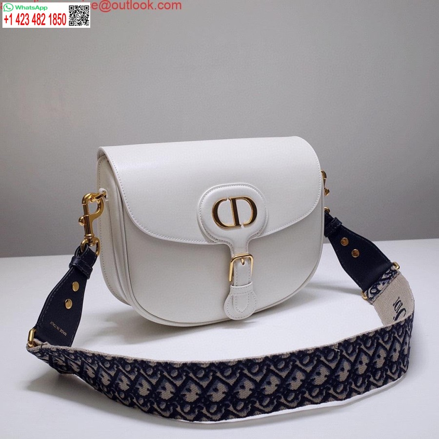 Réplique Dior M9320 Grand Sac Bobby En Cuir De Veau Box Blanc Avec Sangle Oblique Bleue