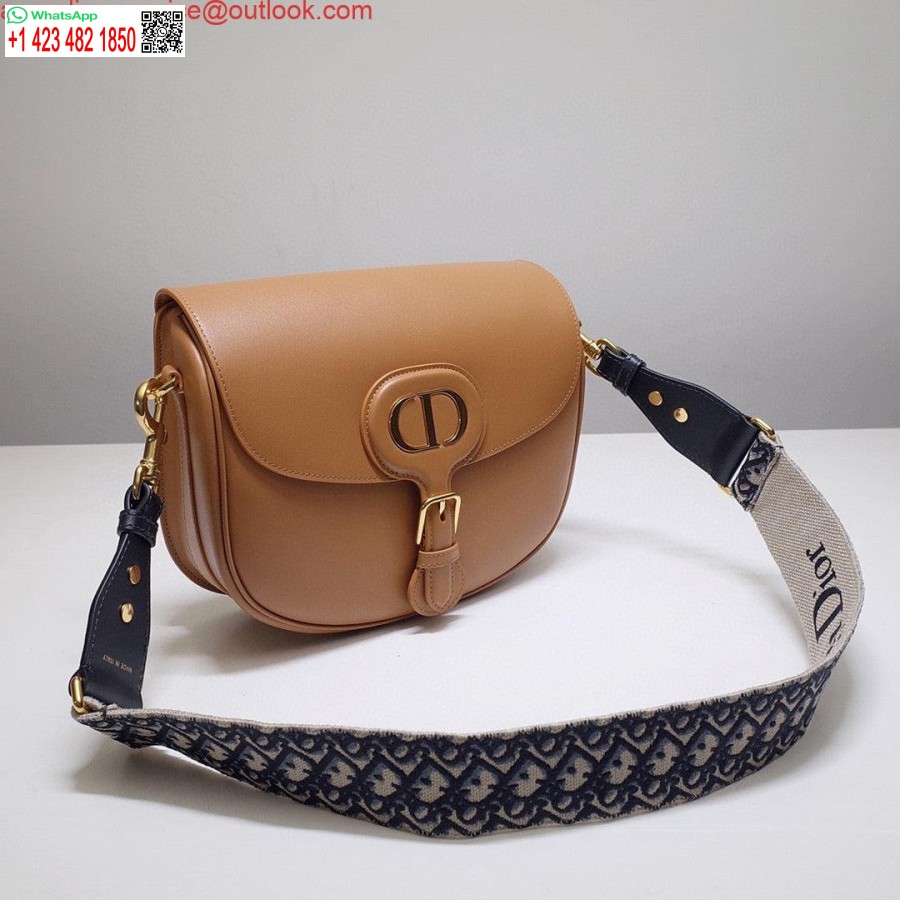 Réplique Dior M9320 Grand Sac Bobby En Cuir De Veau Box Tan Avec Sangle Oblique Bleue