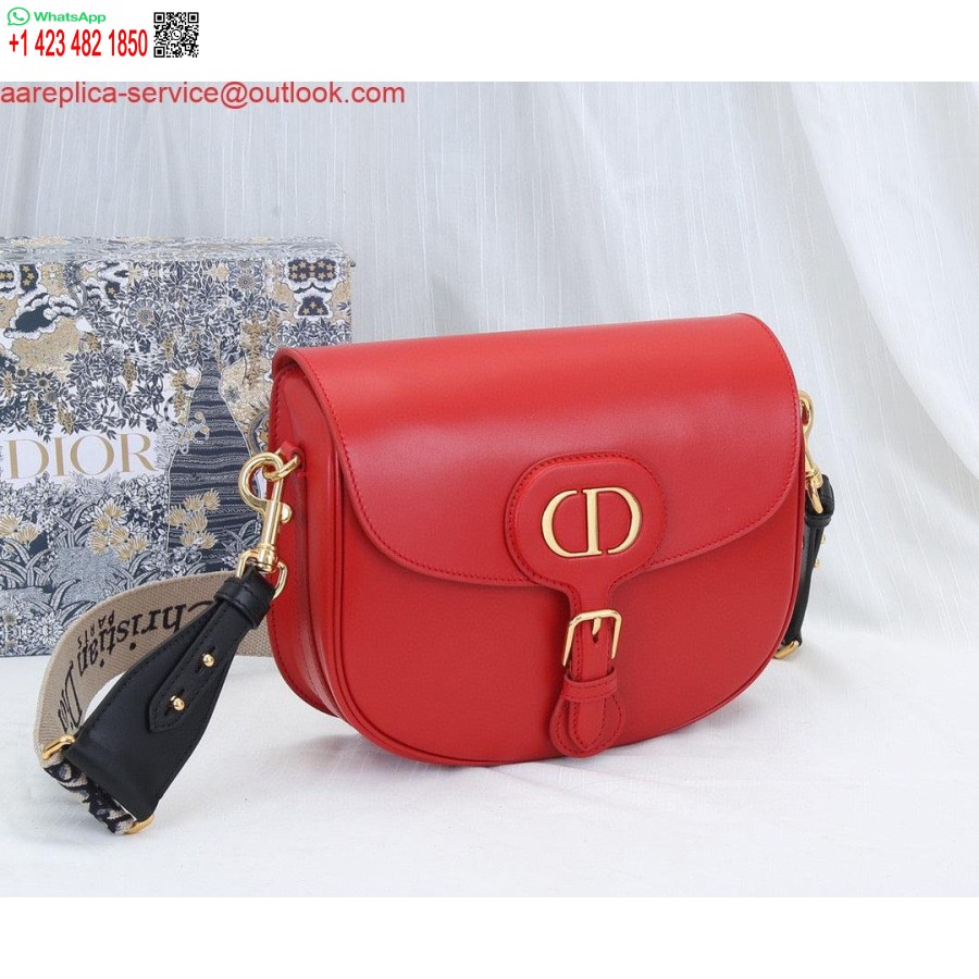 Réplique Dior M9320 Grand Sac Bobby Cuir De Veau Box Rouge Avec Sangle Oblique Bleue