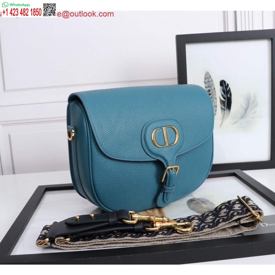 Réplique Dior M9320 Grand Sac Bobby Cuir De Veau Grainé Bleu Avec Sangle Oblique Dior Bleue