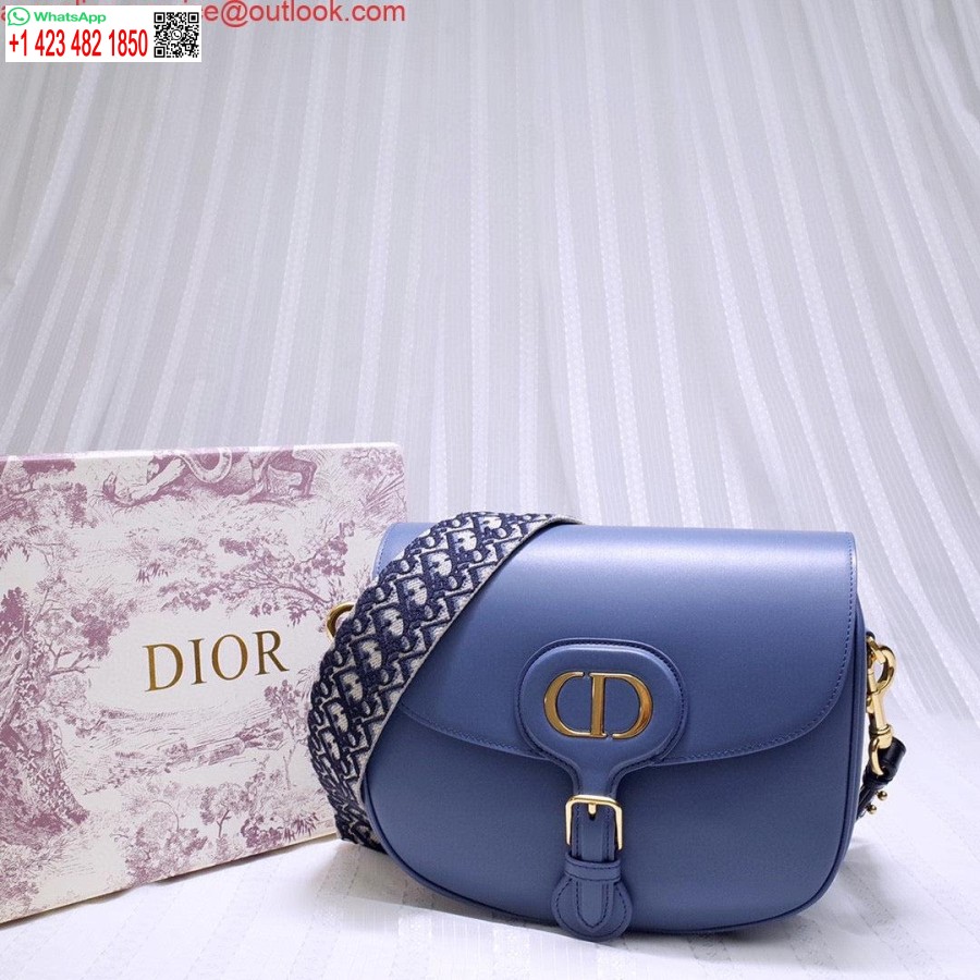 Réplique Dior M9320 Grand Sac Bobby En Cuir De Veau Box Bleu Avec Sangle Oblique Bleue