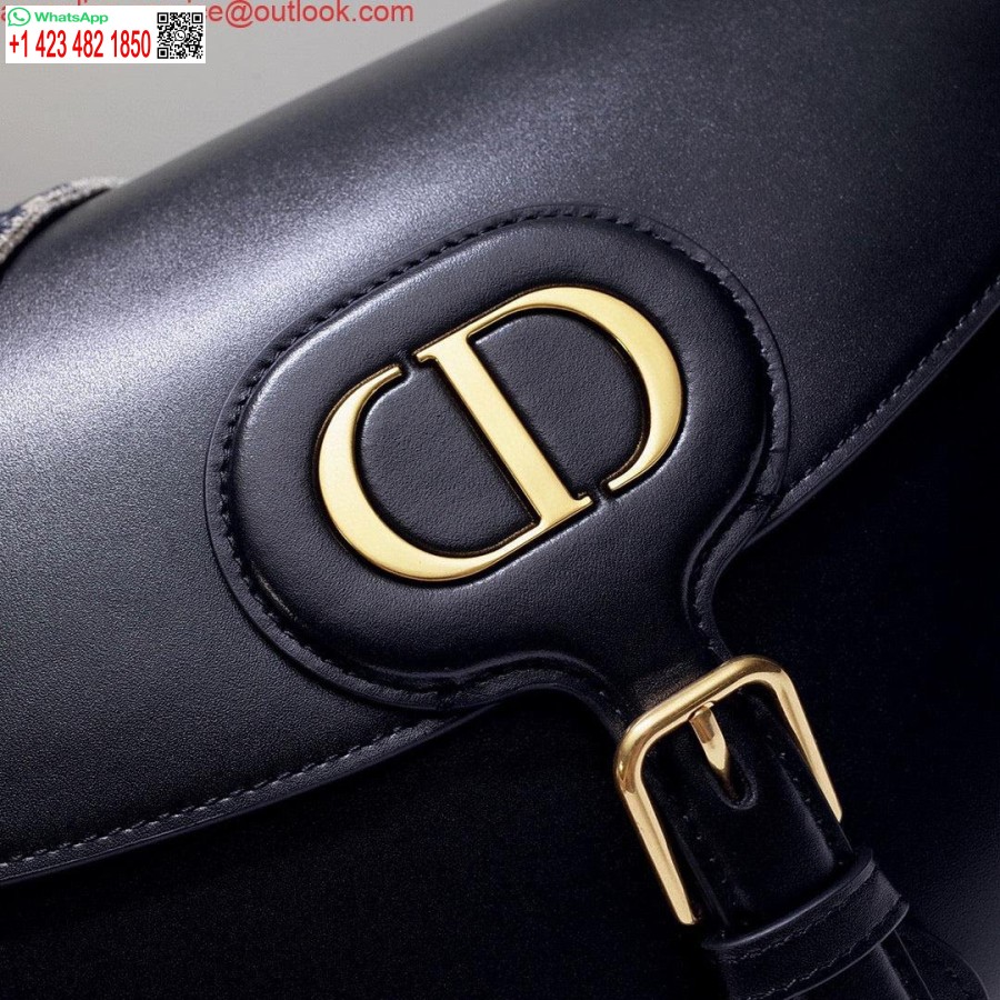 Replica Dior M9320 μεγάλη τσάντα Bobby μαύρο κουτί δέρμα μοσχαριού με μπλε λοξό λουράκι