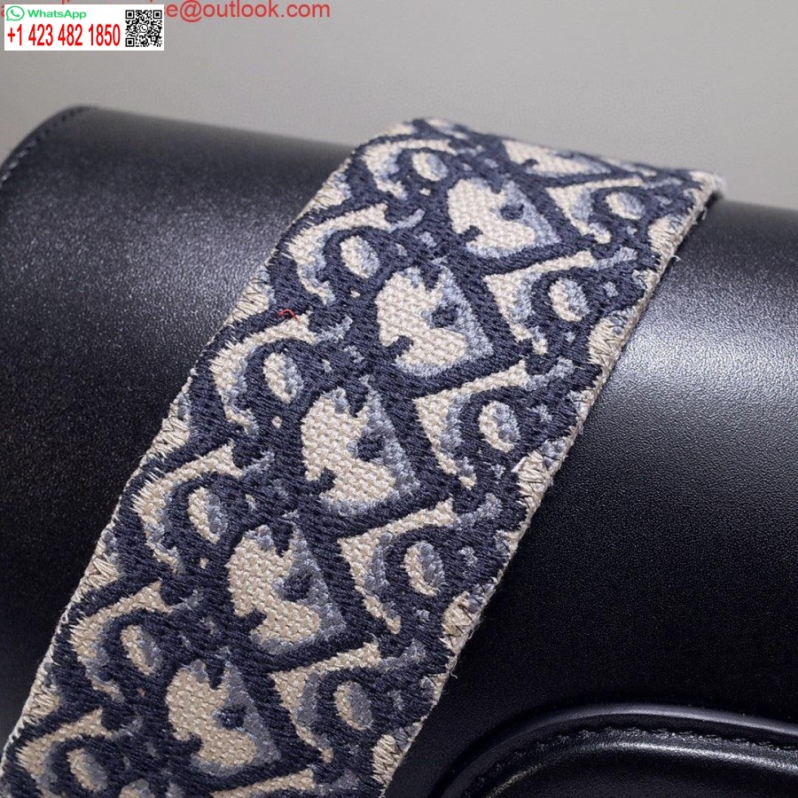 Replica Dior M9320 μεγάλη τσάντα Bobby μαύρο κουτί δέρμα μοσχαριού με μπλε λοξό λουράκι