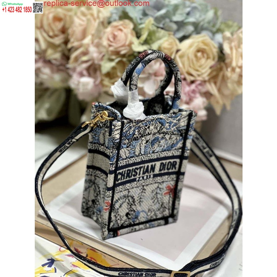 Réplique Dior S5555 Mini Sac De Téléphone Fourre-tout Livre Dior Bleu Broderie Multicolore S1102