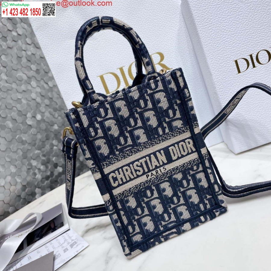 Réplique Dior S5555 Mini Sac De Téléphone Fourre-tout Livre Dior Bleu Broderie Oblique Dior