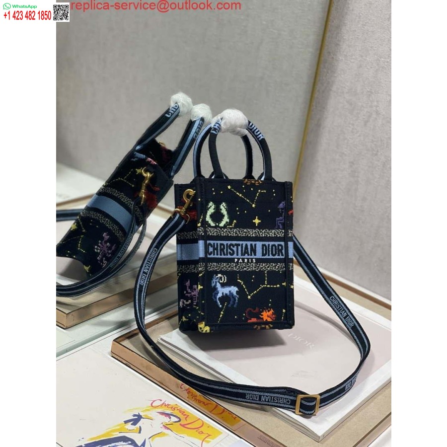 Replica Dior S5555 Mini Dior Knygų Nešiojamas Telefono Krepšys Juodas Daugiaspalvis Petites Fleurs Siuvinėjimas