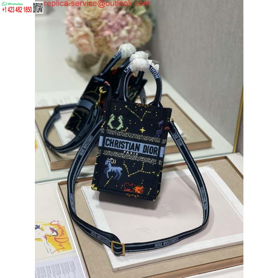 Replica Dior S5555 Mini Dior Knygų Nešiojamas Telefono Krepšys Juodas Daugiaspalvis Petites Fleurs Siuvinėjimas