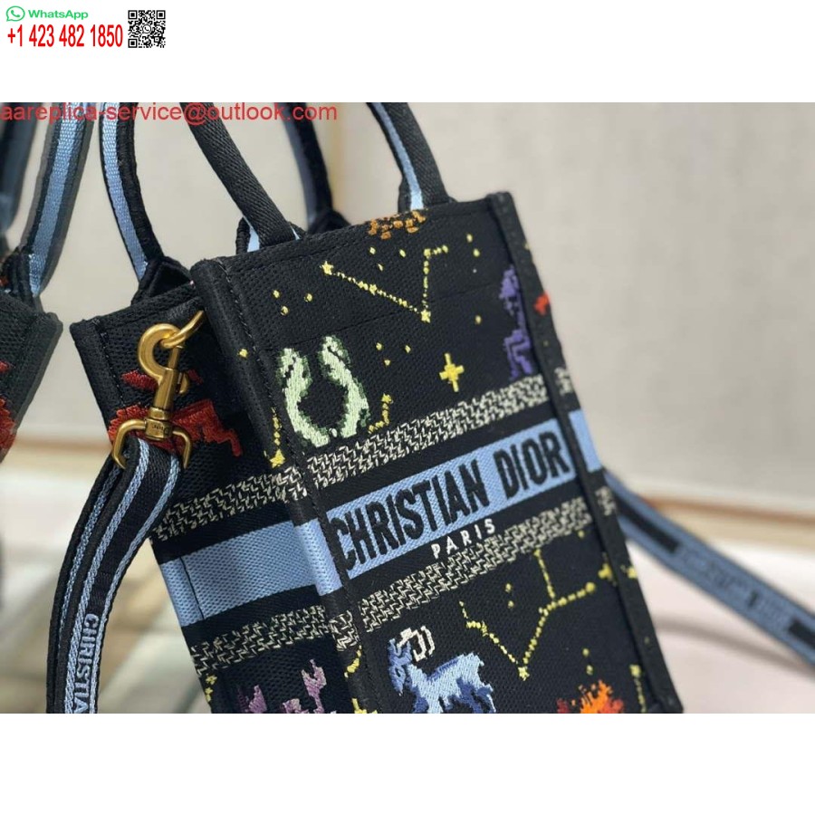 Replica Dior S5555 Mini Dior Knygų Nešiojamas Telefono Krepšys Juodas Daugiaspalvis Petites Fleurs Siuvinėjimas