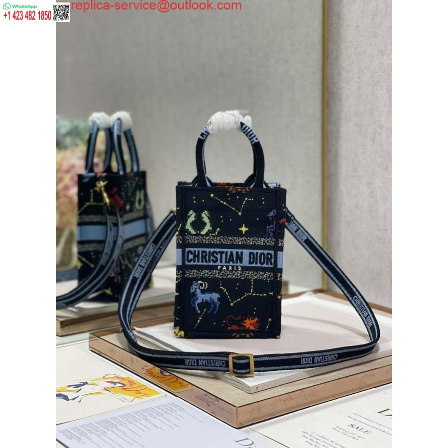 Replica Dior S5555 Mini Dior Knygų Nešiojamas Telefono Krepšys Juodas Daugiaspalvis Petites Fleurs Siuvinėjimas