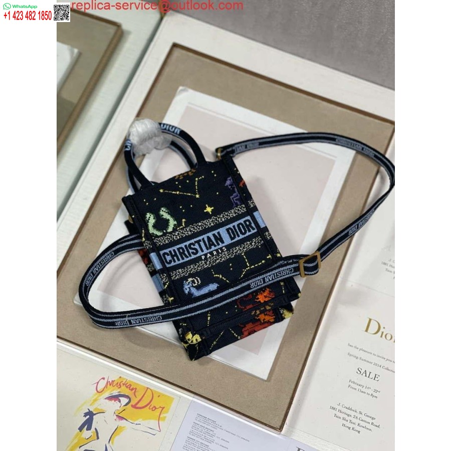 Replica Dior S5555 Mini Dior Knygų Nešiojamas Telefono Krepšys Juodas Daugiaspalvis Petites Fleurs Siuvinėjimas