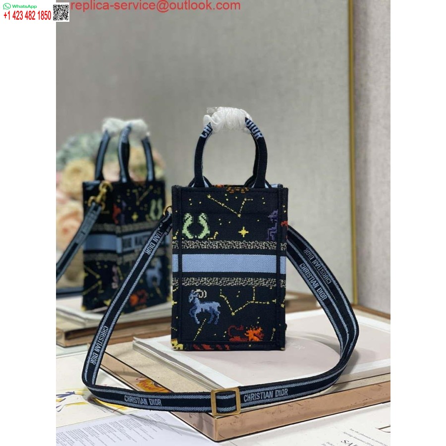 Replica Dior S5555 Mini Dior Knygų Nešiojamas Telefono Krepšys Juodas Daugiaspalvis Petites Fleurs Siuvinėjimas