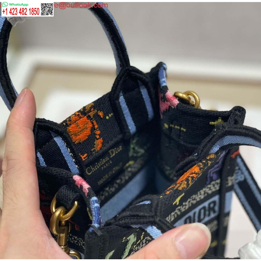 Replica Dior S5555 Mini Dior Knygų Nešiojamas Telefono Krepšys Juodas Daugiaspalvis Petites Fleurs Siuvinėjimas