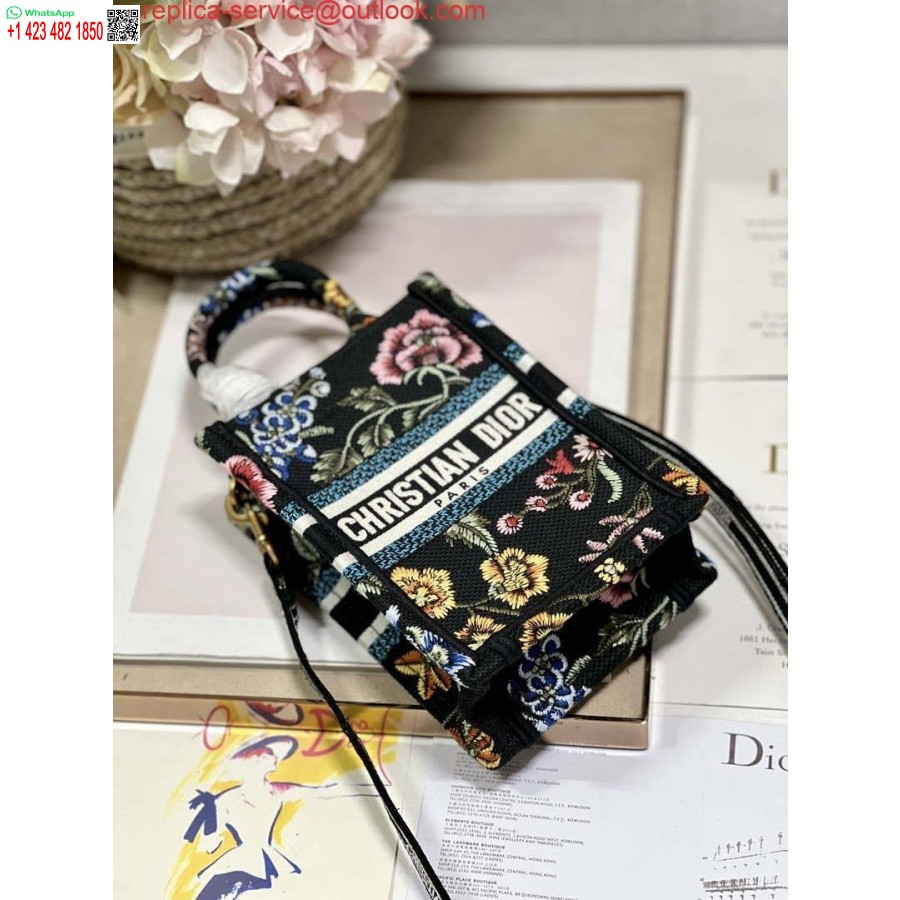 Replika Dior S5555 Mini Dior Knygų Nešiojamas Telefono Krepšys Juodas Daugiaspalvis Siuvinėjimas S1099