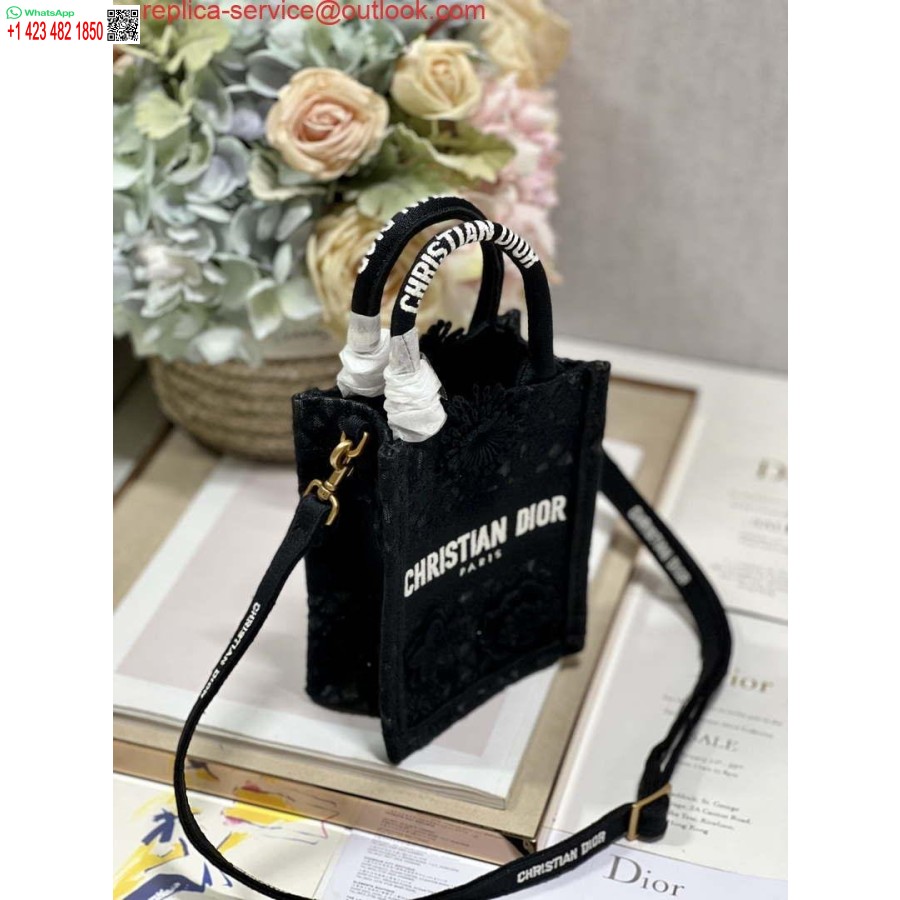 Replica Dior S5555 Mini Dior Knygų Krepšys Telefono Krepšys Juodos Nėrinių Gėlės S1108