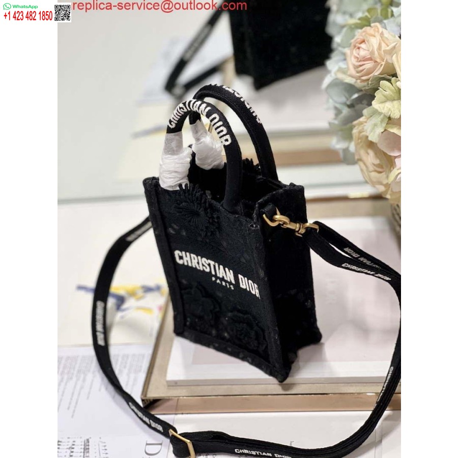 Replica Dior S5555 Mini Dior Knygų Krepšys Telefono Krepšys Juodos Nėrinių Gėlės S1108