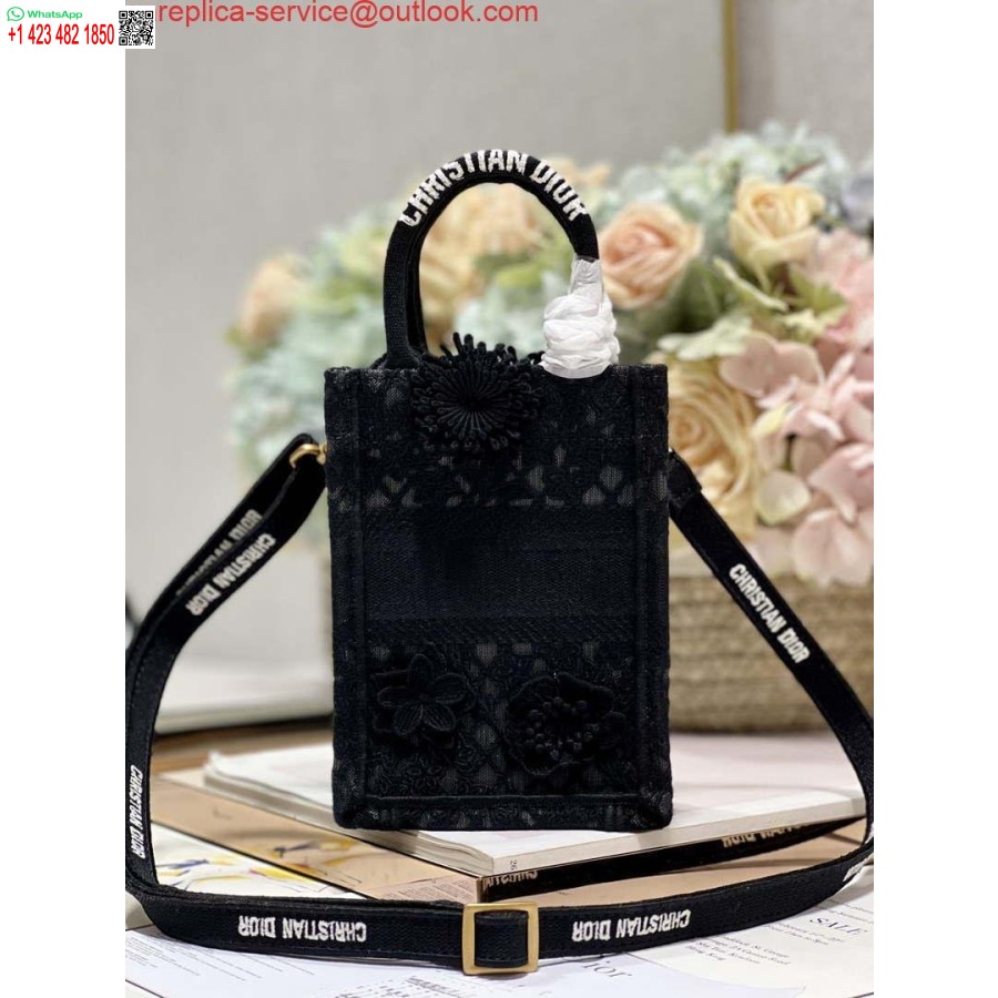 Replica Dior S5555 Mini Dior Knygų Krepšys Telefono Krepšys Juodos Nėrinių Gėlės S1108