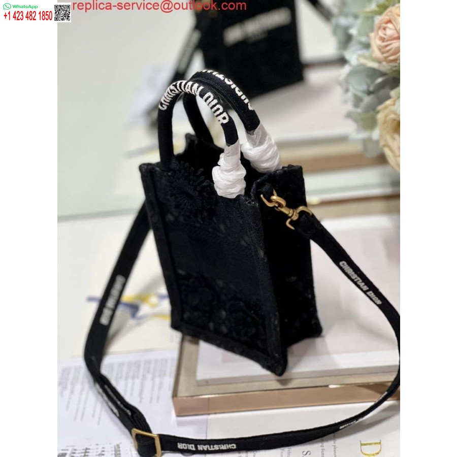 Replica Dior S5555 Mini Dior Knygų Krepšys Telefono Krepšys Juodos Nėrinių Gėlės S1108