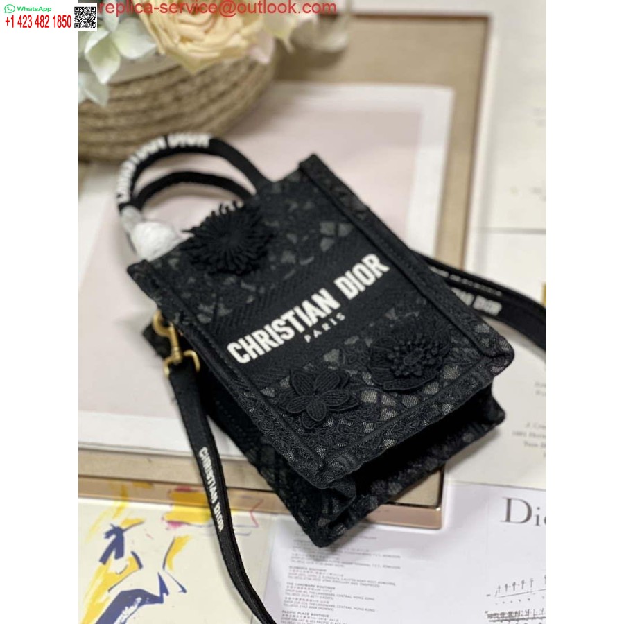 Replica Dior S5555 Mini Dior Knygų Krepšys Telefono Krepšys Juodos Nėrinių Gėlės S1108