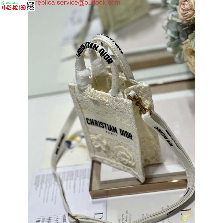 Replica Dior S5555 Mini Dior Knygų Krepšys, Smėlio Spalvos Nėrinių Gėlės S1109