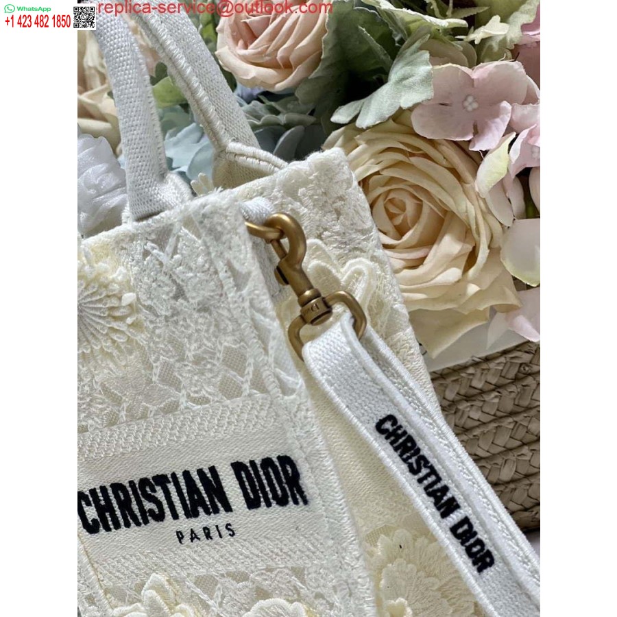 Replica Dior S5555 Mini Dior Knygų Krepšys, Smėlio Spalvos Nėrinių Gėlės S1109