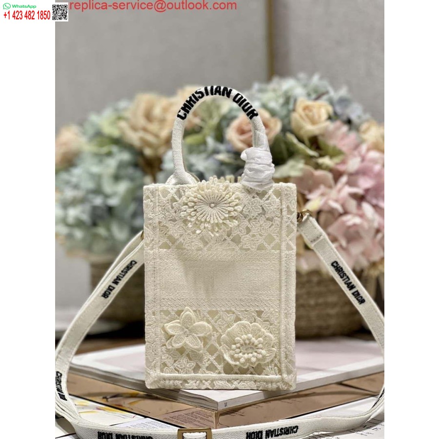 Replica Dior S5555 Mini Dior Knygų Krepšys, Smėlio Spalvos Nėrinių Gėlės S1109