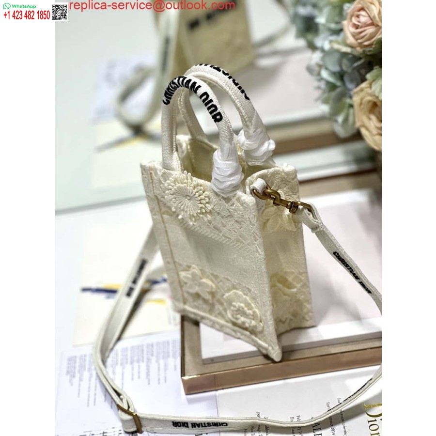 Replica Dior S5555 Mini Dior Knygų Krepšys, Smėlio Spalvos Nėrinių Gėlės S1109