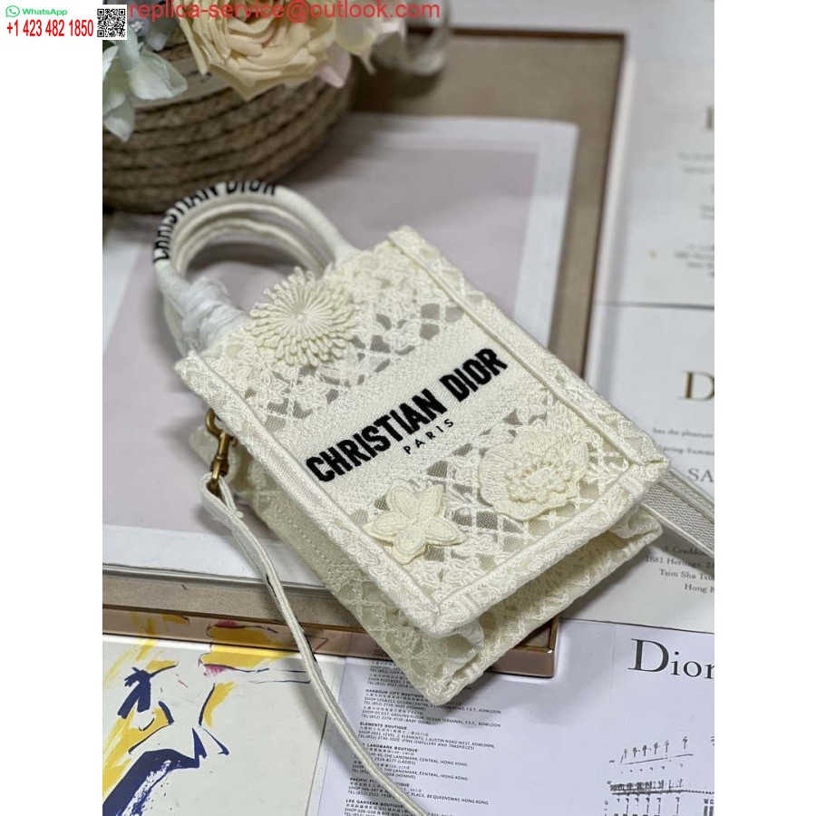 Replica Dior S5555 Mini Dior Knygų Krepšys, Smėlio Spalvos Nėrinių Gėlės S1109