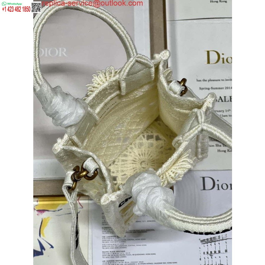 Replica Dior S5555 Mini Dior Knygų Krepšys, Smėlio Spalvos Nėrinių Gėlės S1109