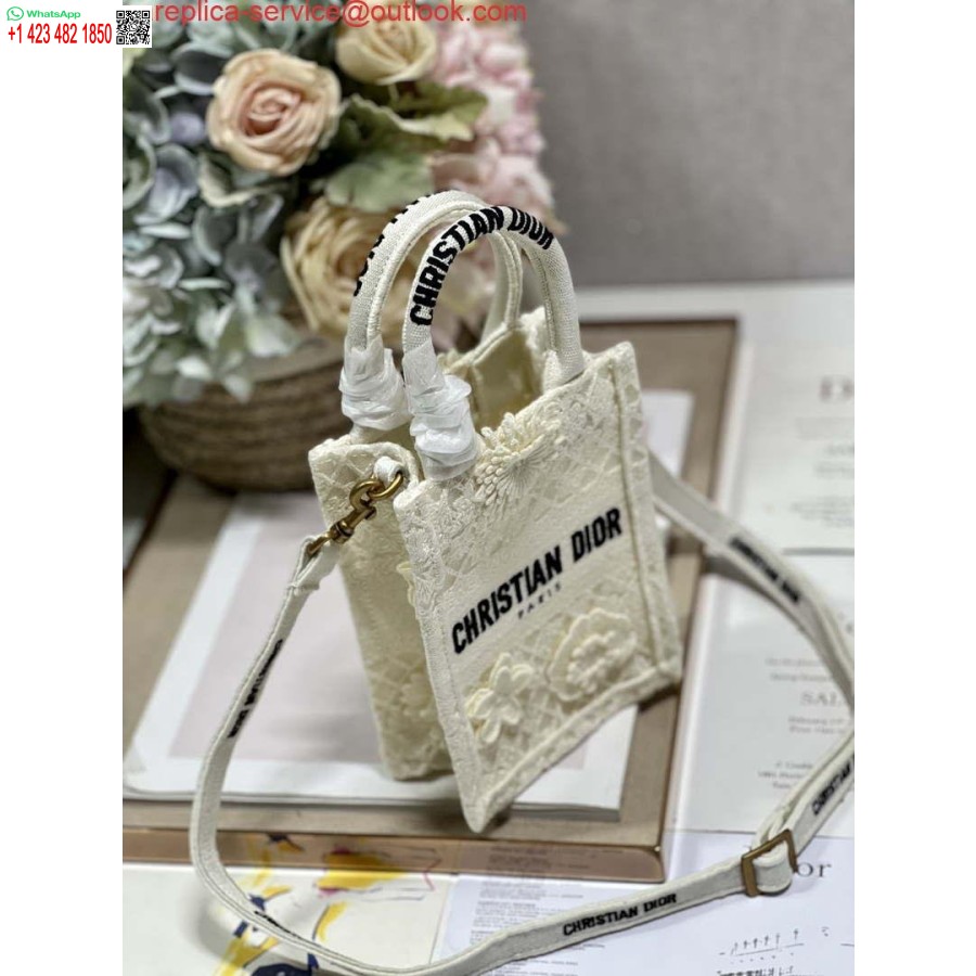 Réplique Dior S5555 Mini Sac De Téléphone Fourre-tout Livre Dior Fleurs En Dentelle Beige S1109