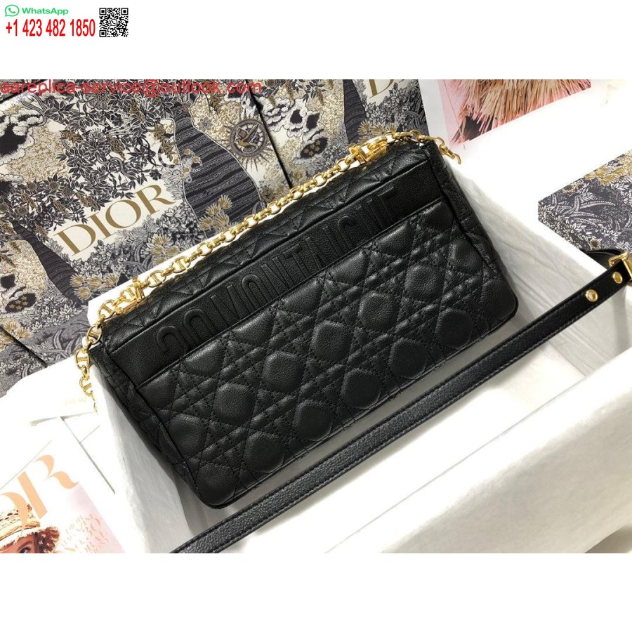 Replica Dio Rm9243 μεγάλη τσάντα Caro από δέρμα μοσχαριού μαύρο λογότυπο χρυσό