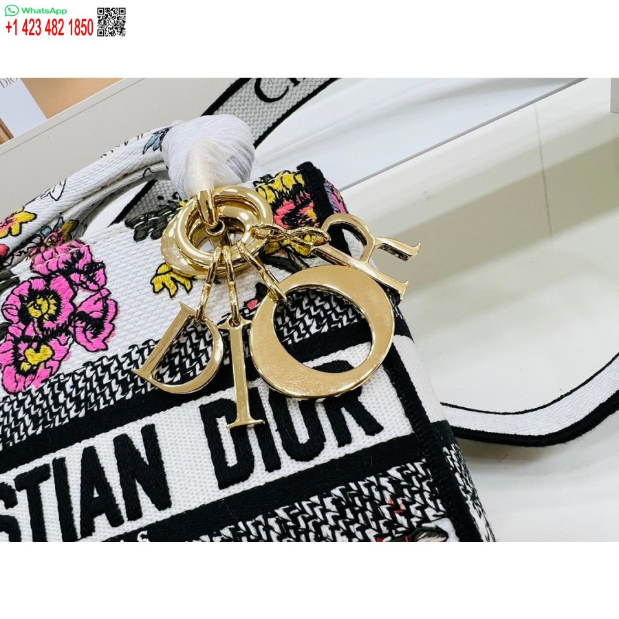 2024 Dior Princess Anna Einkaufstasche Weiß Rosa Blume Mehrfarbige Hirschstickerei
