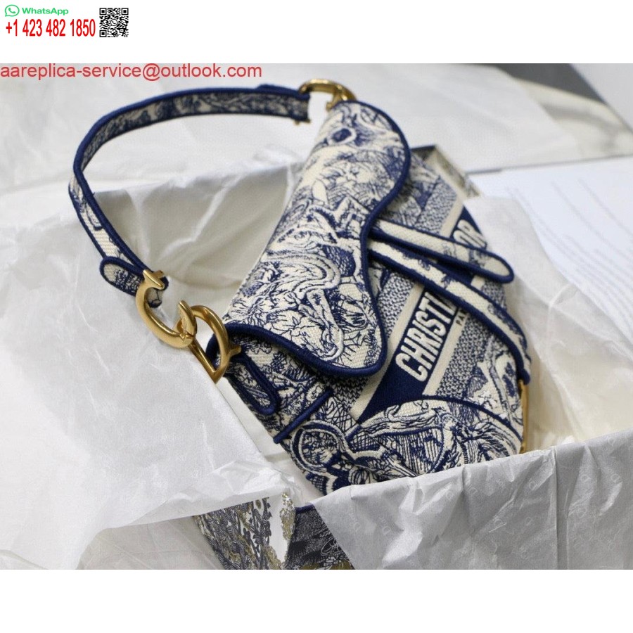 Replica Dior Balno Maišelis M0446 Mėlynas Toile De Jouy Siuvinėjimas