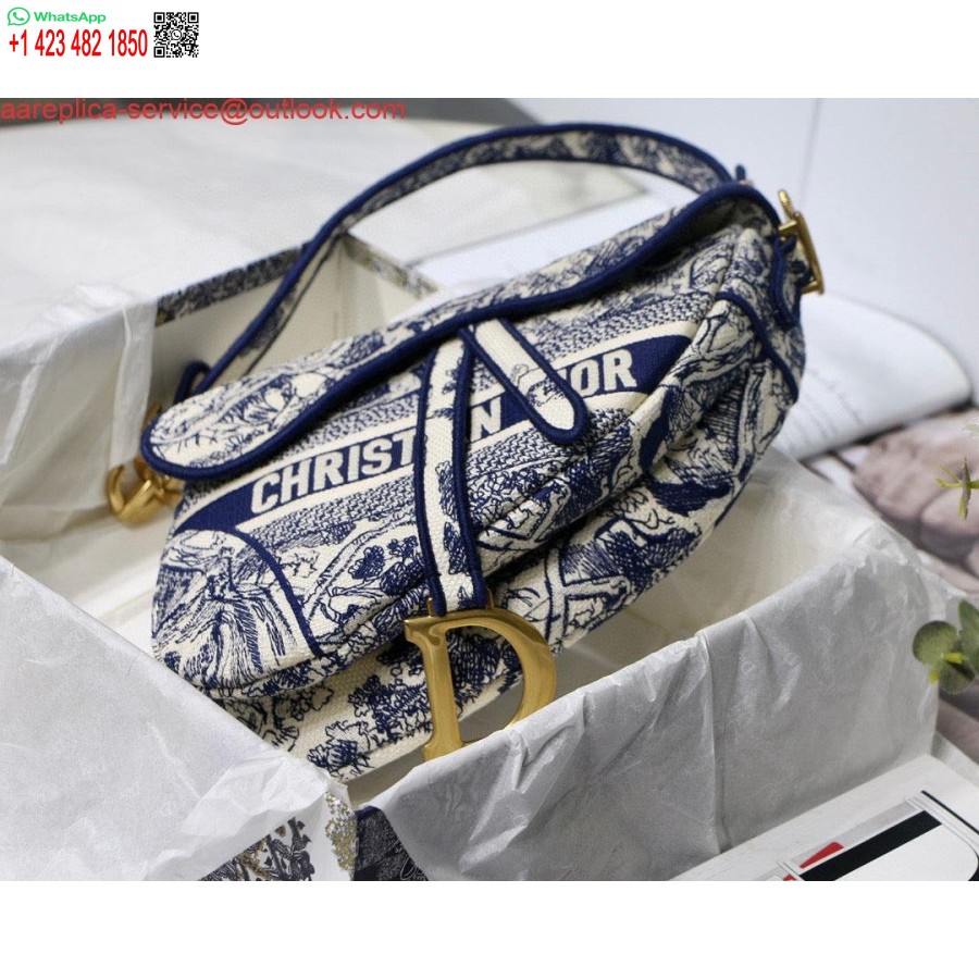 Replica Dior Balno Maišelis M0446 Mėlynas Toile De Jouy Siuvinėjimas