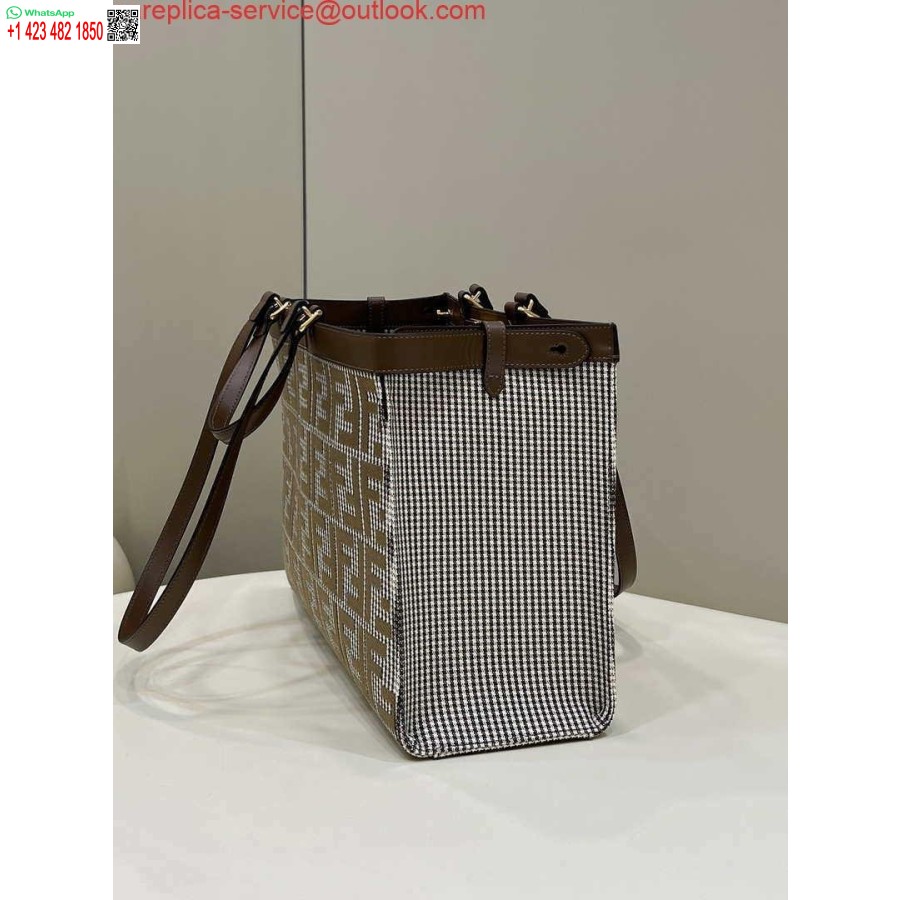 копия Fendi 8bh374 X-tote коричневого цвета из шерсти с узором "гусиные лапки" и вышивкой Ff 8589