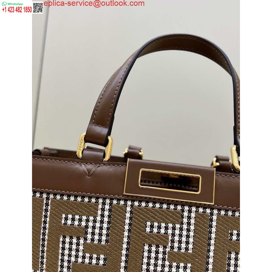 копия Fendi 8bh374 X-tote коричневого цвета из шерсти с узором "гусиные лапки" и вышивкой Ff 8589