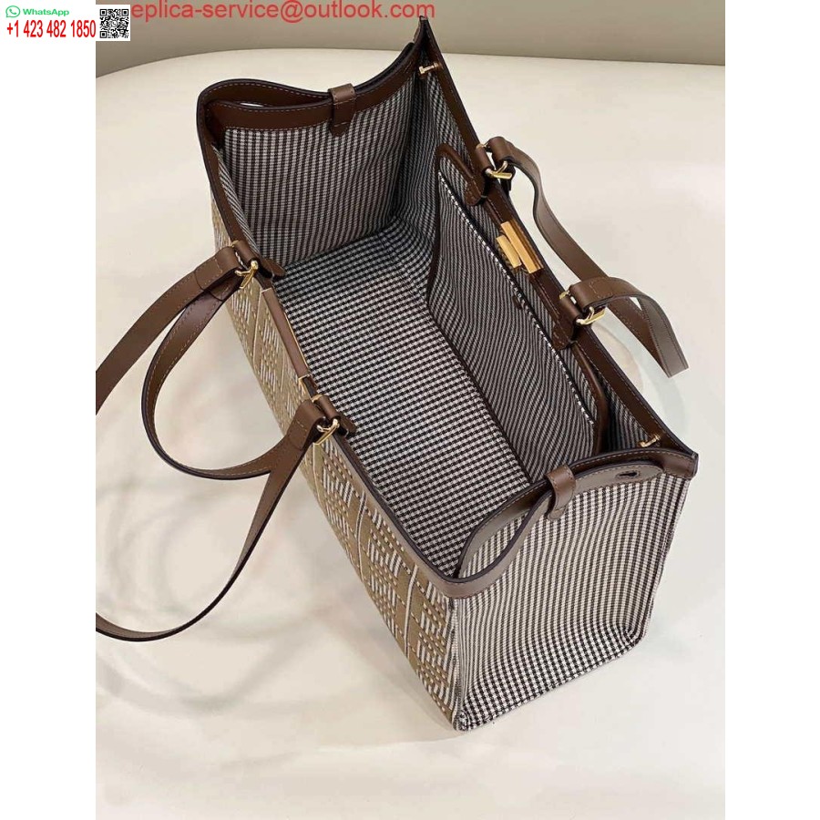 копия Fendi 8bh374 X-tote коричневого цвета из шерсти с узором "гусиные лапки" и вышивкой Ff 8589