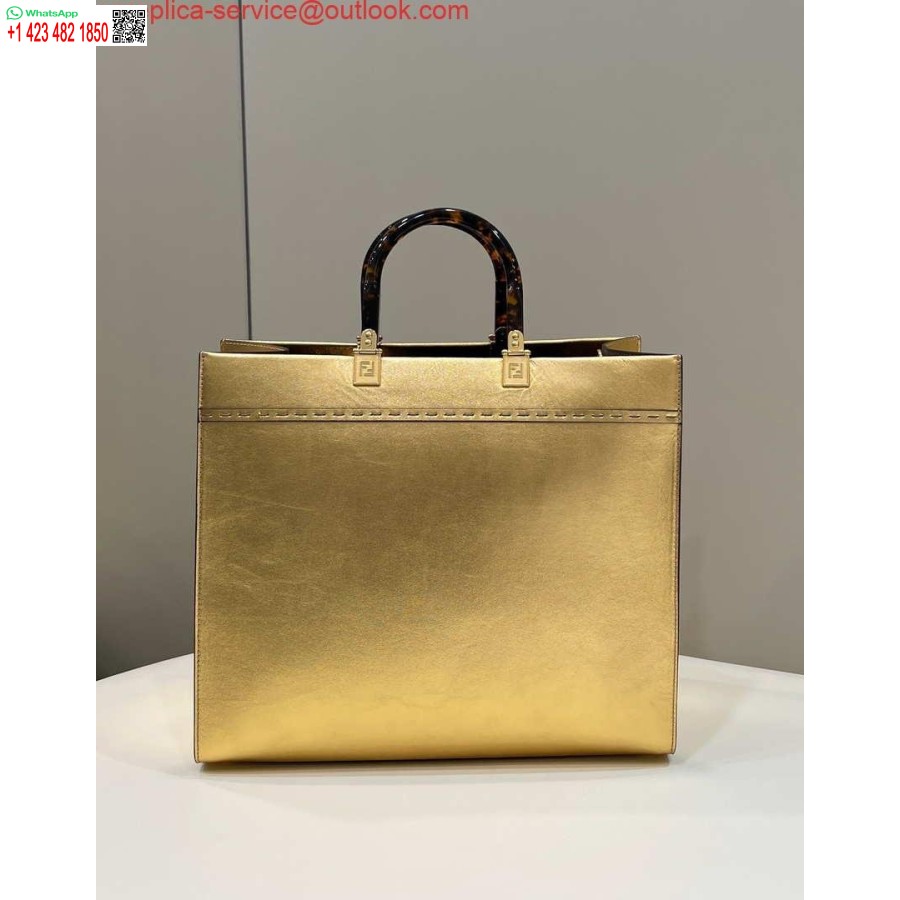 реплика Fendi 8553 слънчева средна чанта през рамо 8bh386 златна ламинирана кожа Shopper