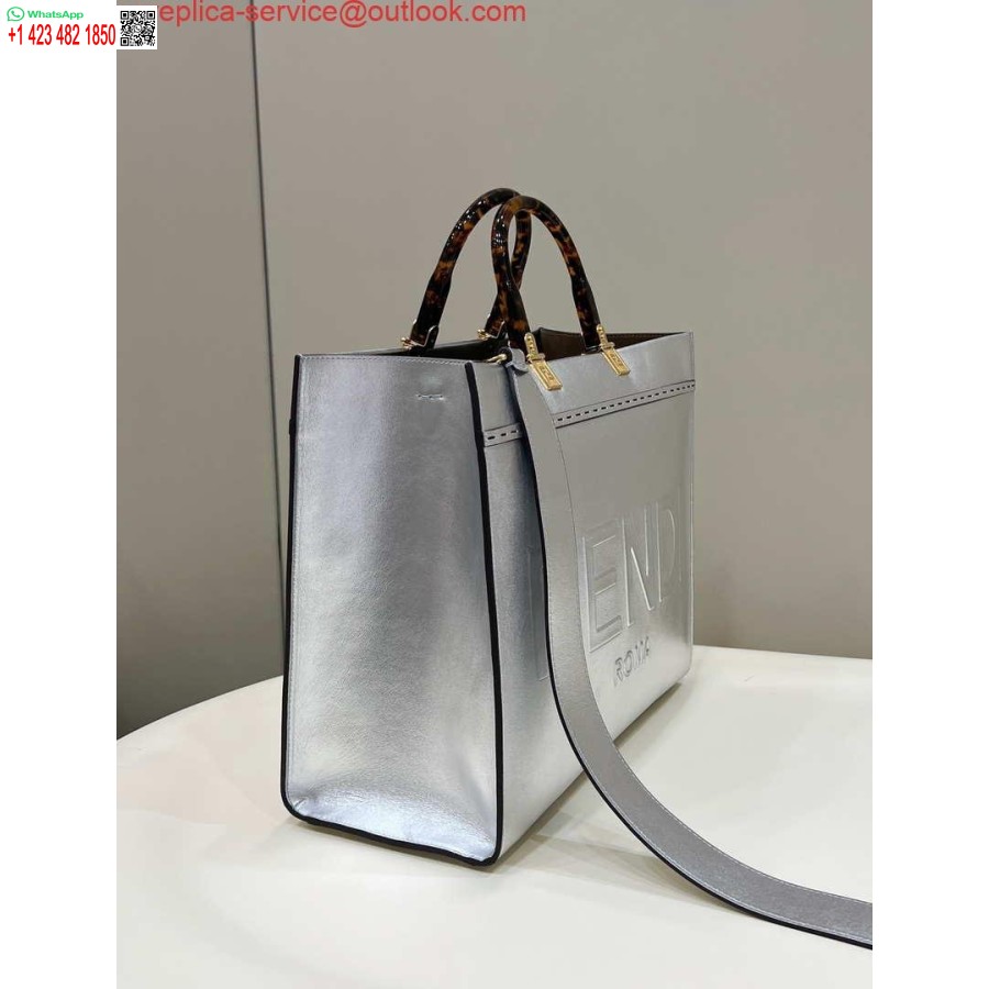 реплика Fendi 8553 слънчева средна чанта 8bh386 купувач от сребриста ламинирана кожа