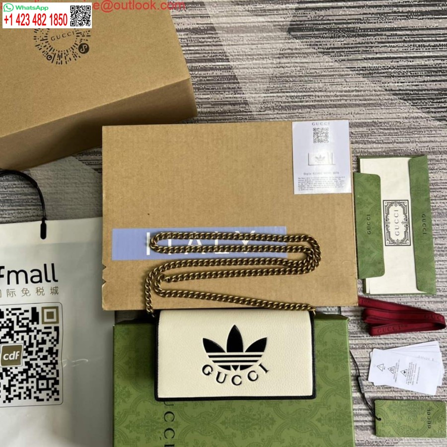 Replika Adidas X Gucci 621892 Pénztárca Lánccal Törtfehér és Fekete Bőr