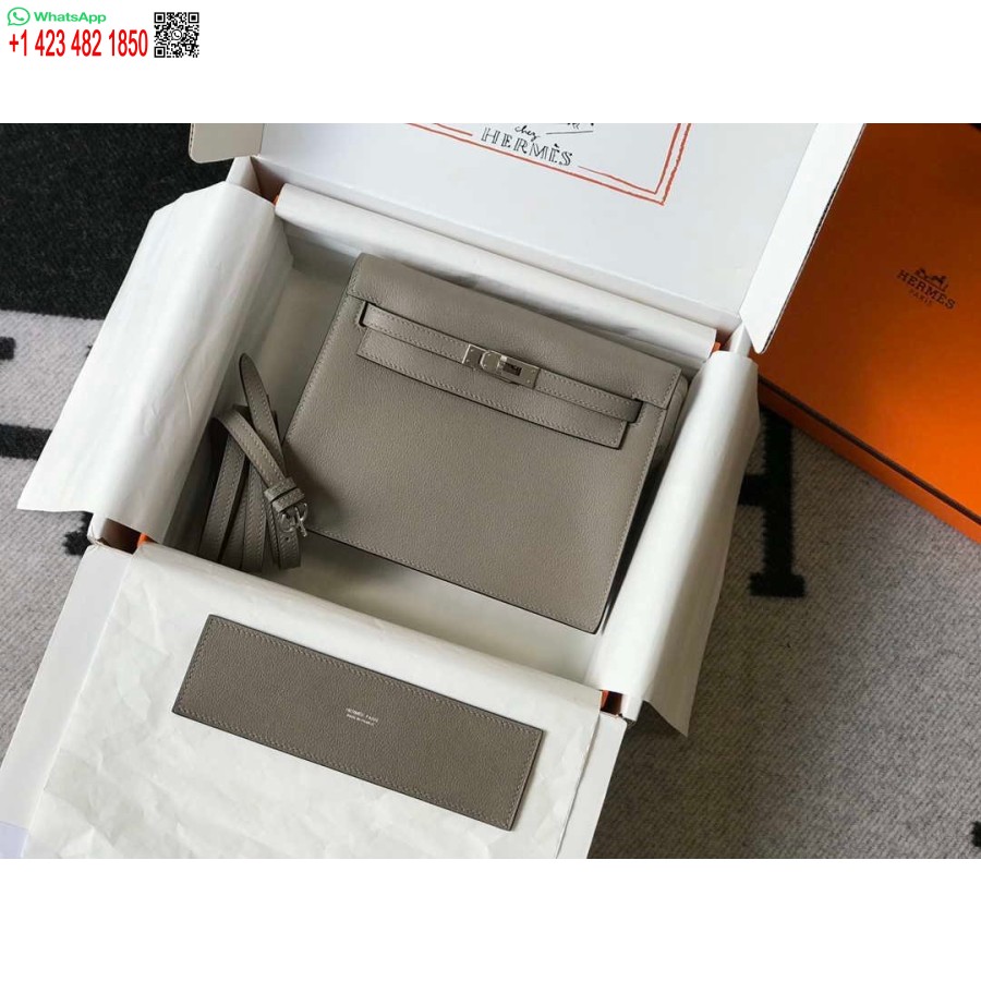 Реплика кожаной сумки Hermes Kelly Danse 22см 20363 серая, серебристая