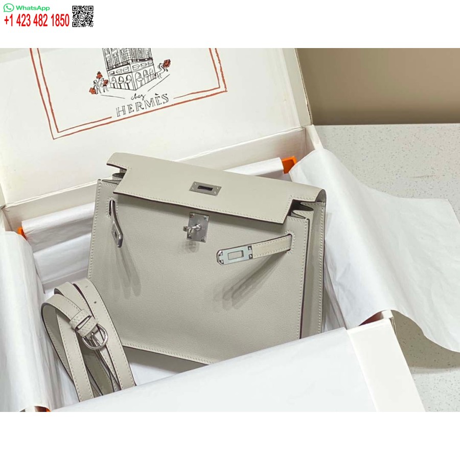 Replik Hermes Evercolor Kelly Danse II 22cm Leder Umhängetasche H20373 Hellgrau Silber