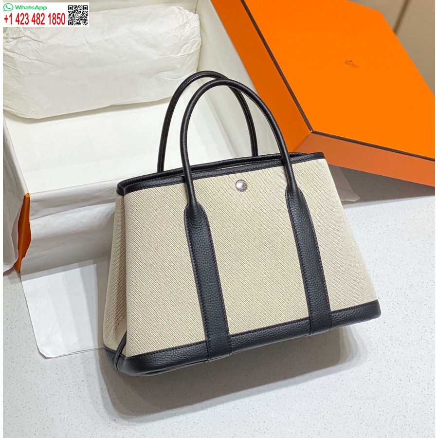 Replica Borsa Hermes In Tela Beige E Pelle Nera Per Feste In Giardino Da 30 Cm H239051