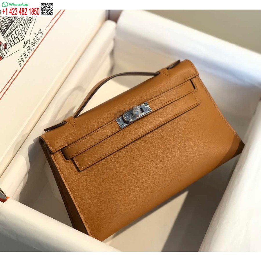 Replika Hermes Kelly Pochette Swift Läder Clutchväska Silver H230264