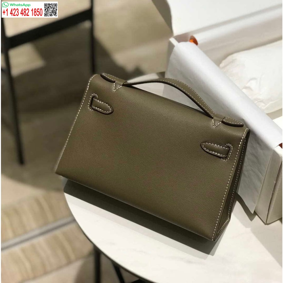 Replika Hermes Kelly Pochette Swift Läder Clutchväska Silver H230262