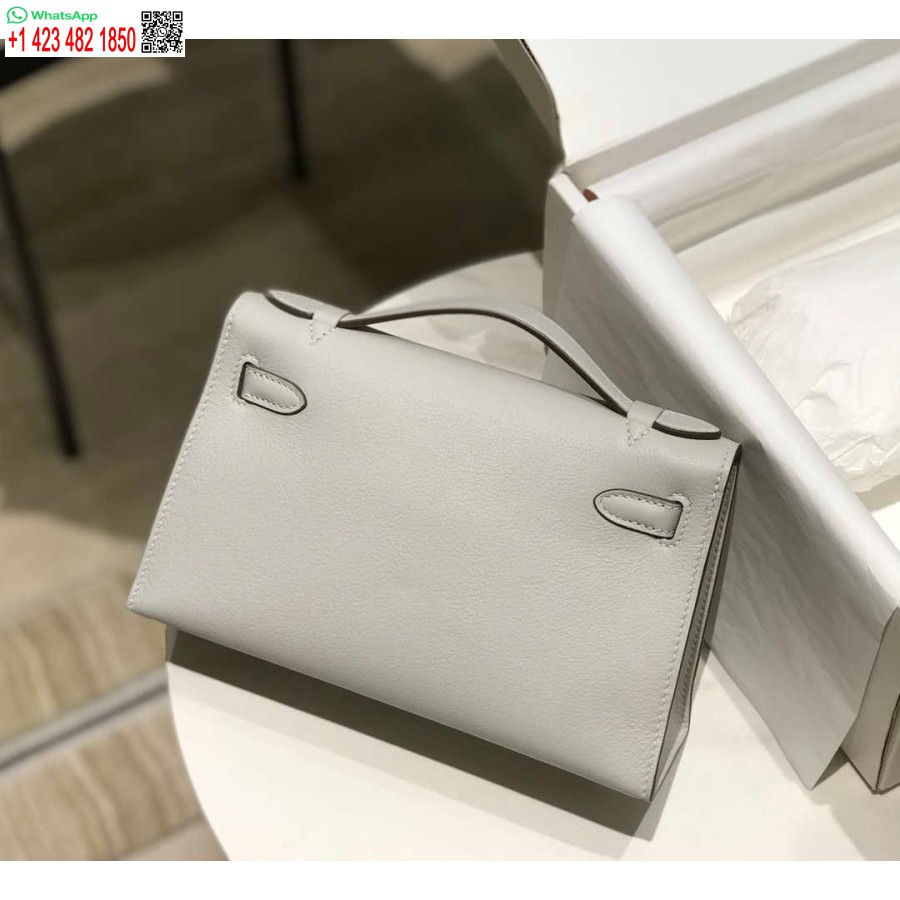 Replika Hermes Kelly Pochette Swift Läder Clutchväska Silver H230259