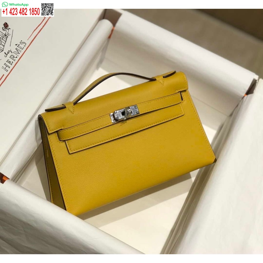 Replika Hermes Kelly Pochette Swift Läder Clutchväska Silver H230257