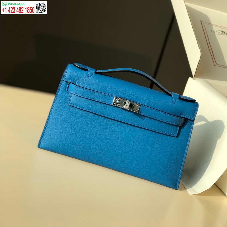 Replika Hermes Kelly Pochette Swift Läder Clutchväska Silver H230256