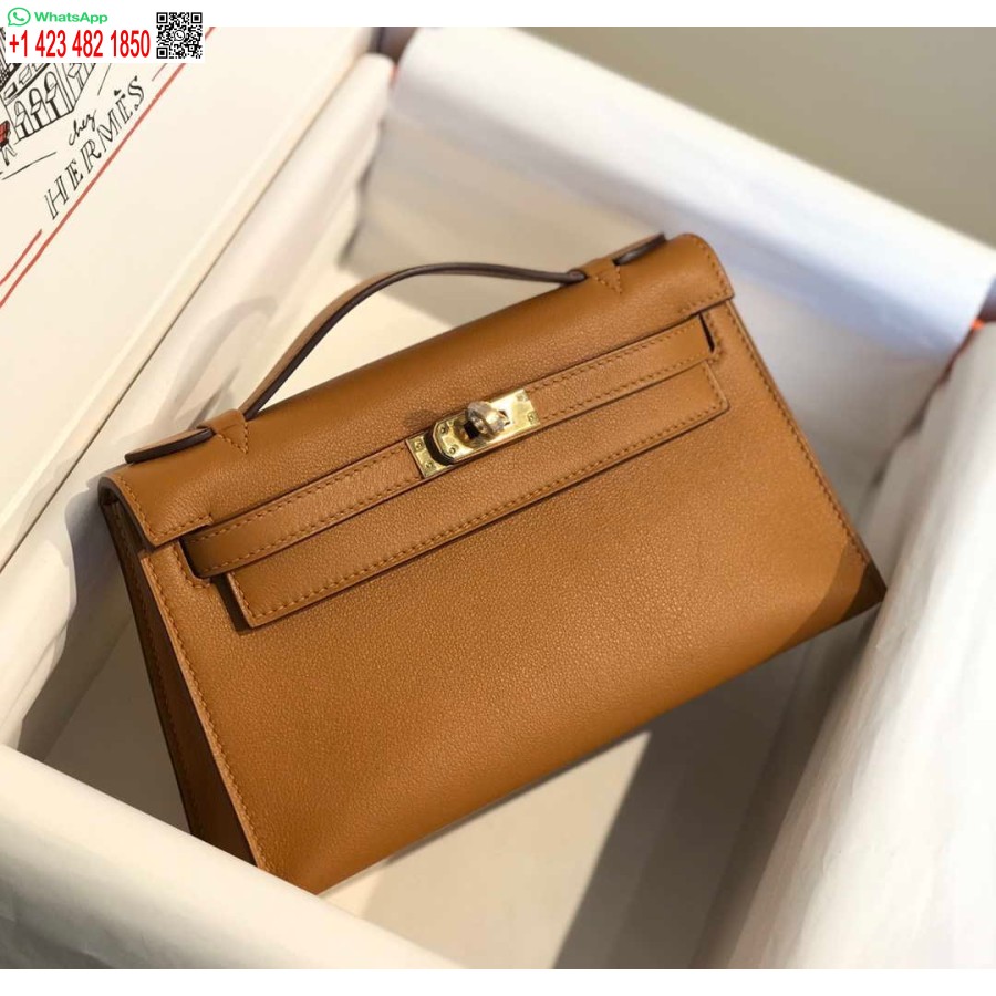 Replika Hermes Kelly Pochette Swift Läder Clutchväska Guld H230276