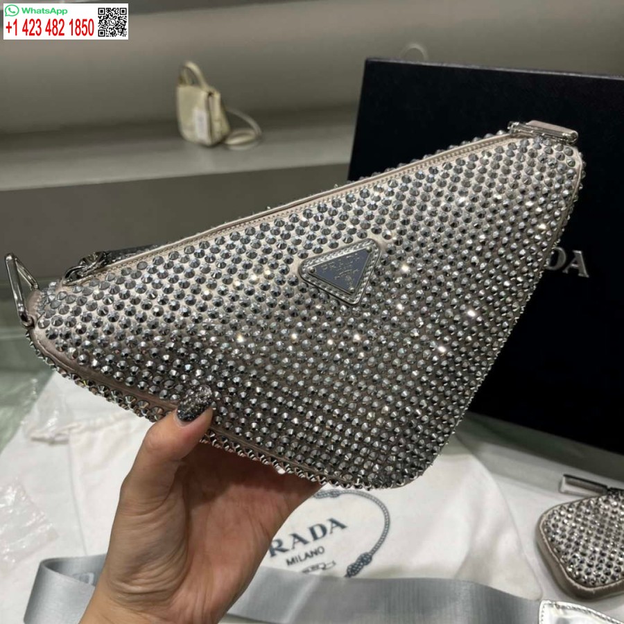 ρεπλίκα Prada 1ne190 σατέν πουγκί με κρύσταλλο γκρι