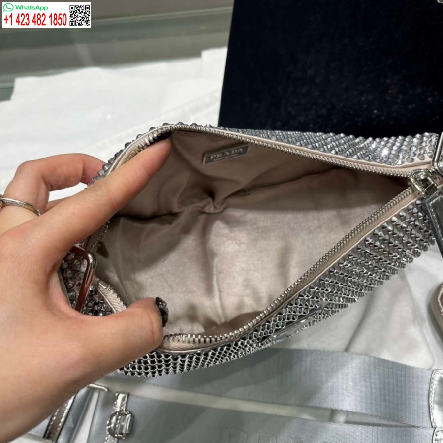 ρεπλίκα Prada 1ne190 σατέν πουγκί με κρύσταλλο γκρι